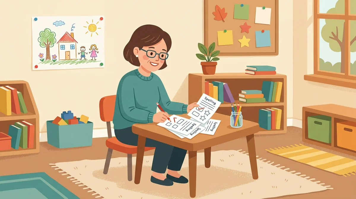An elementary teacher grades spelling tests at a small classroom desk