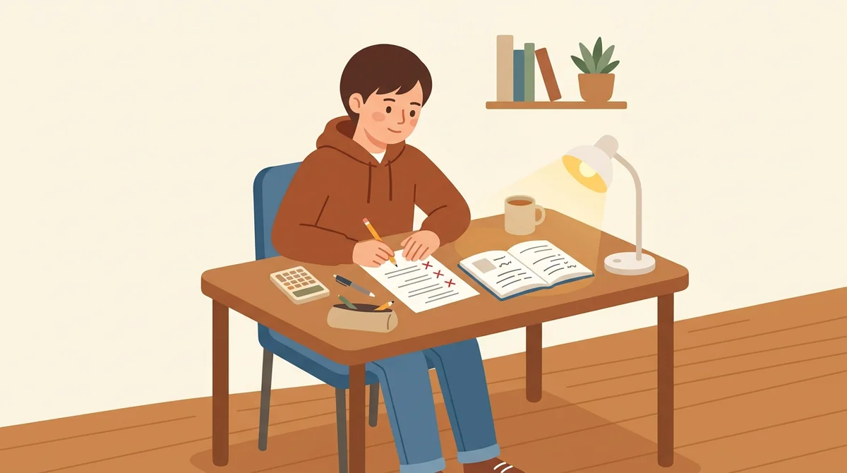 A student double-checks a returned test score at a desk
