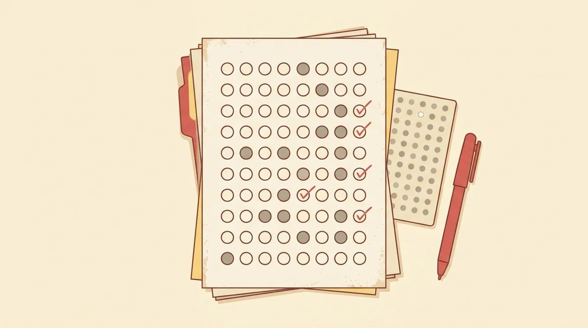 A teacher marks a stack of multiple choice quizzes with an answer key beside them