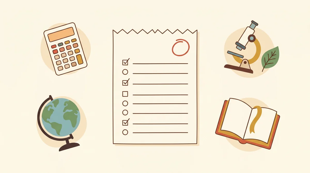 Subject icons for math, science, and language arts arranged around a graded quiz