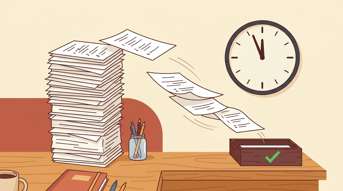 A tall stack of test papers beside a clock counting down to the next class period
