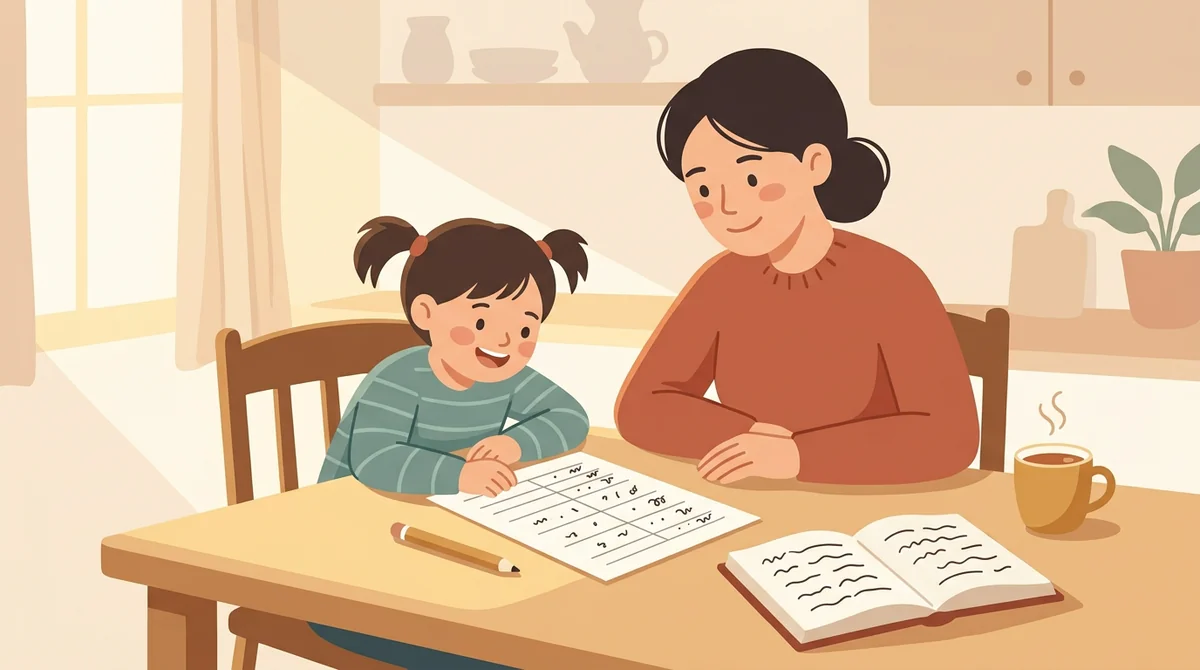 A parent and a child at a kitchen table with a laptop and a printed fill-in-the-blank sheet being filled in with a pencil