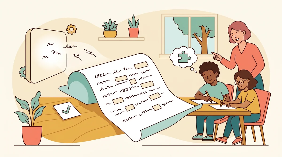 A language teacher at a table with a small group of learners writing words into the blanks of printed worksheets