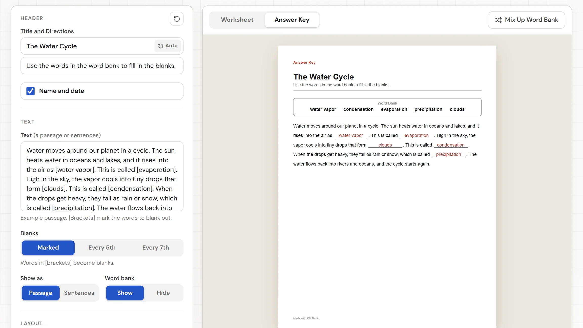 The EMStudio fill-in-the-blank generator showing a finished worksheet about the water cycle, with the text box and settings on the left and the Worksheet and Answer Key tabs above the page