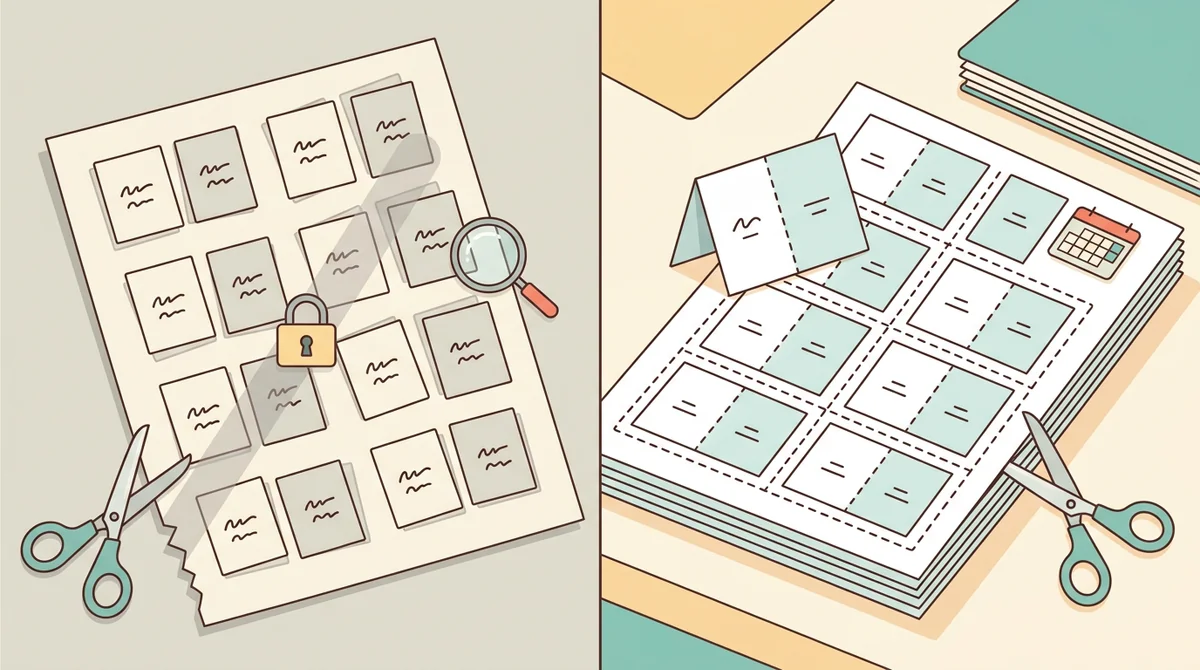 A page of card fronts beside a page of mirrored card backs, with an arrow showing the sheet flipping on its long edge