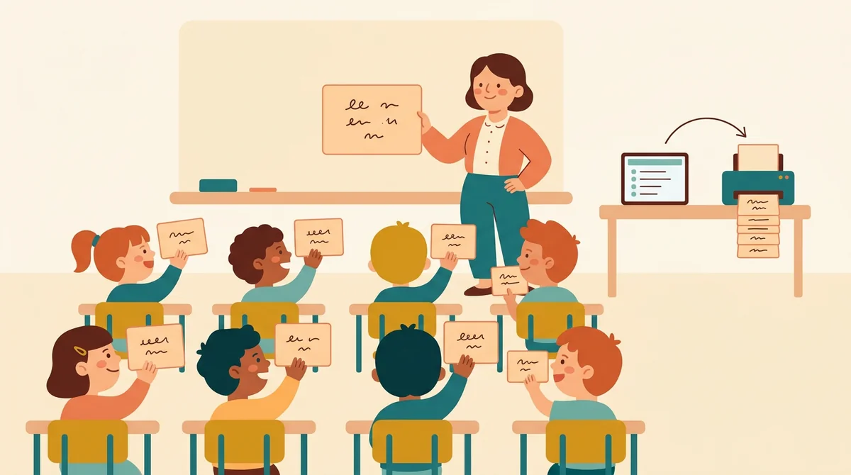 A teacher at the front of a classroom holding up a large printed flashcard while students at their desks call out the answer