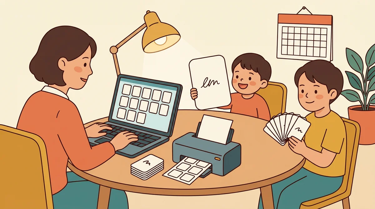A parent and a child at a kitchen table sorting a stack of printed flashcards into two piles