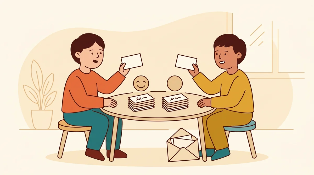 Two students at a desk quizzing each other with printed flashcards, a pile of cards they know beside a pile they are still learning