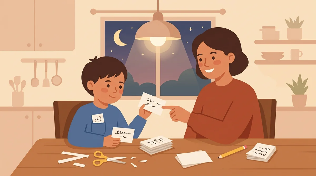 A student at a kitchen table cutting a printed sheet of flashcards apart with scissors while a parent reads the terms aloud