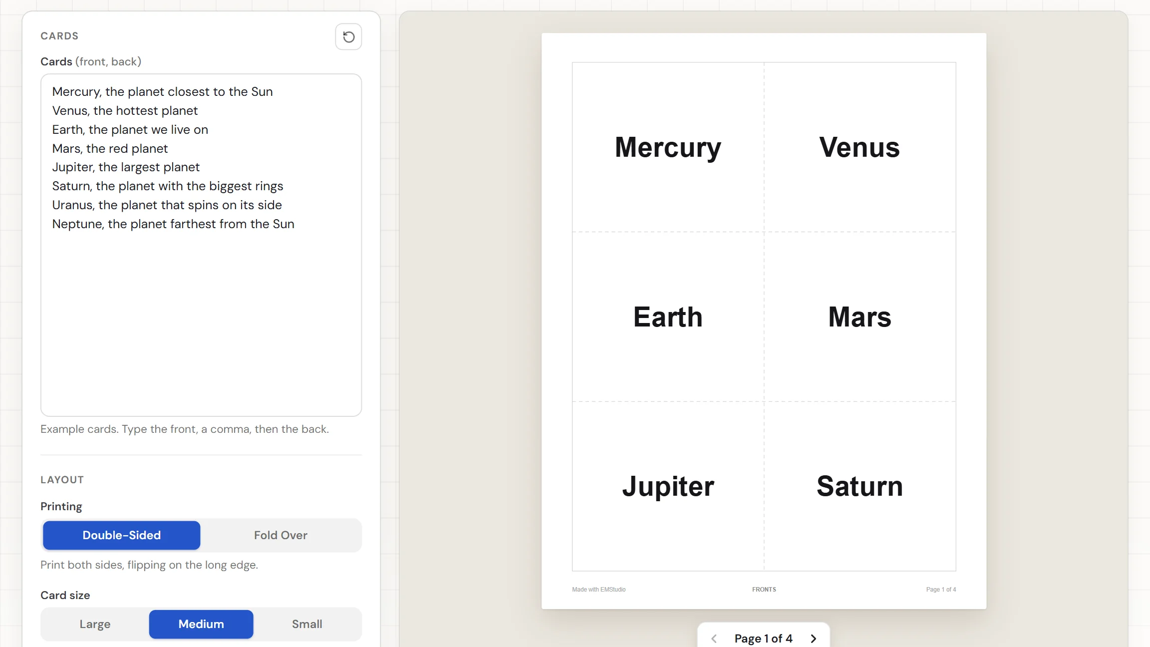 The EMStudio flashcard maker showing a page of planet flashcards with the Cards box and the Printing, Card size, and Lettering settings on the left