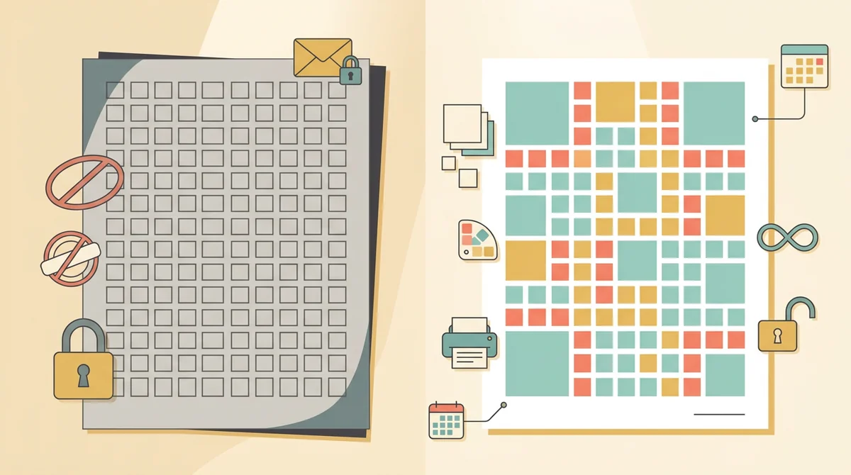 A printed grid page beside an unlocked padlock and a crossed-out price tag