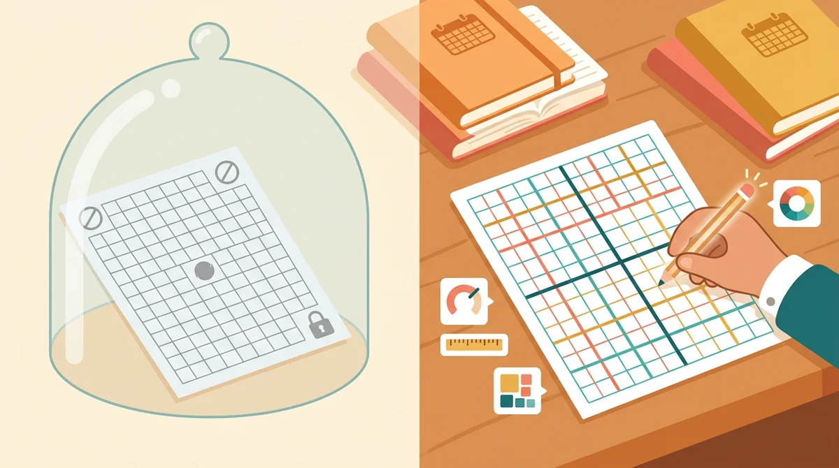 Three grid pages with different square sizes, colors, and axes fanned out together