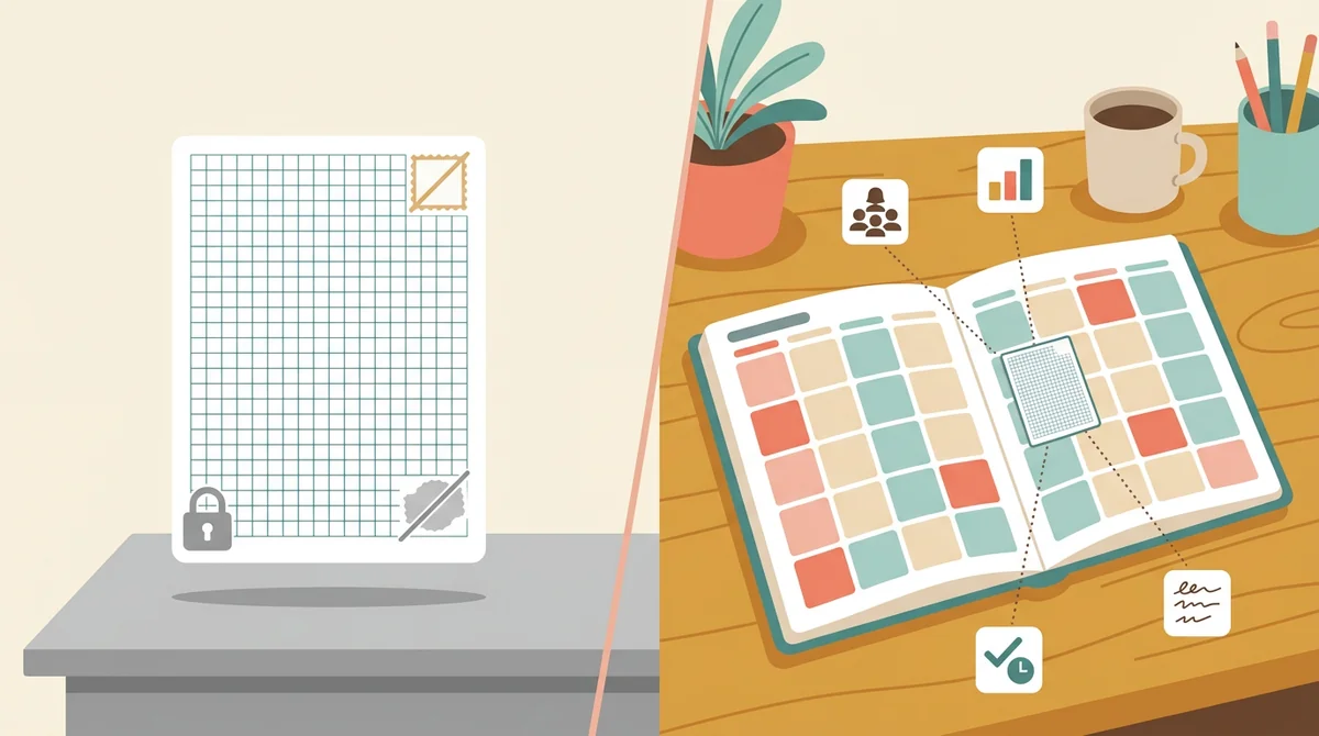 A tablet showing a teacher planner with tiles for lessons, students, grades, and attendance