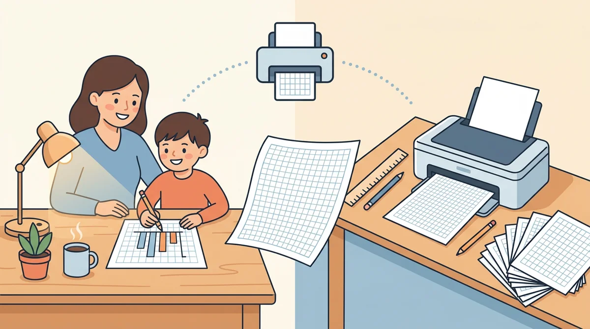 A parent and a child at a kitchen table with a laptop and a printed graph paper page being drawn on with a pencil