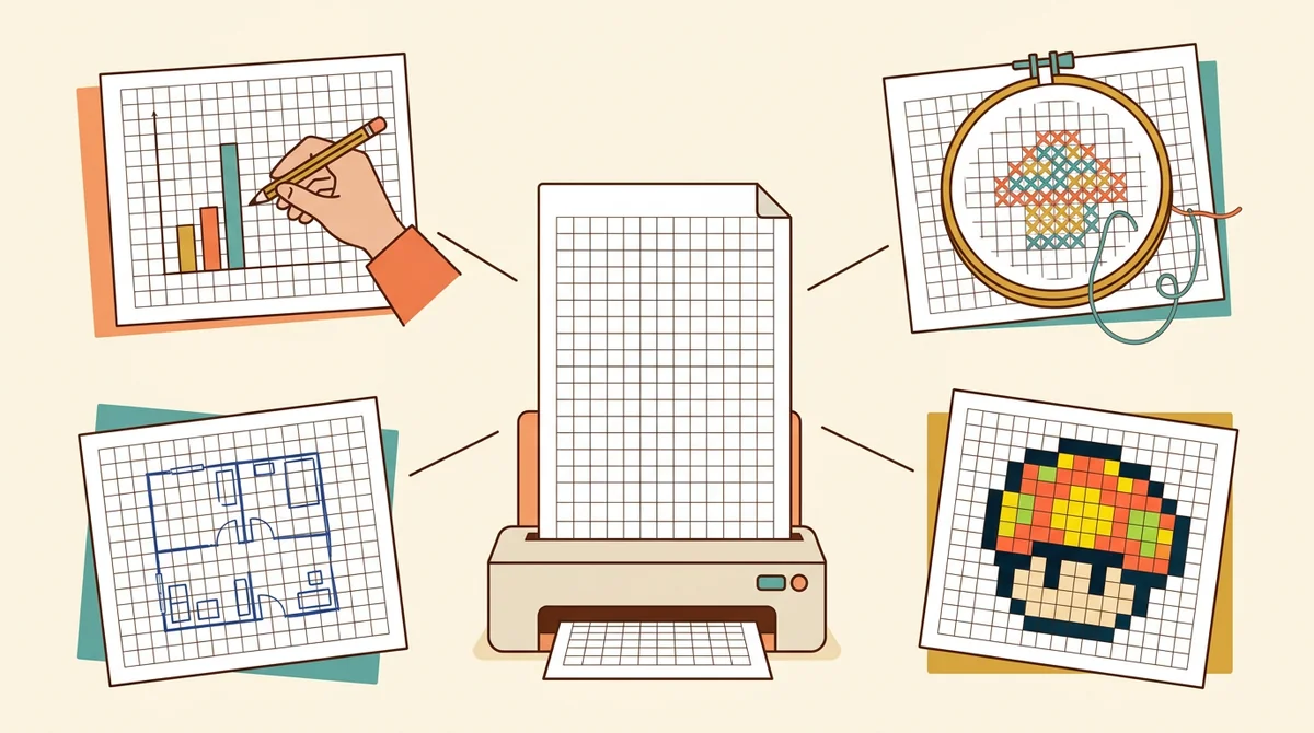 A designer at a drawing table sketching a pattern on printed grid paper beside a ruler