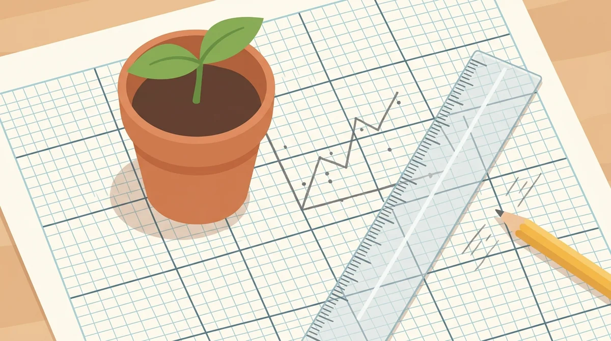 A science notebook open on a lab bench beside a plotted line graph on green grid paper