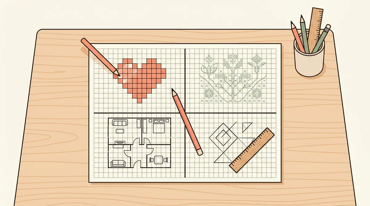 A desk with a pencil sketch of a floor plan drawn on printed grid paper beside a ruler