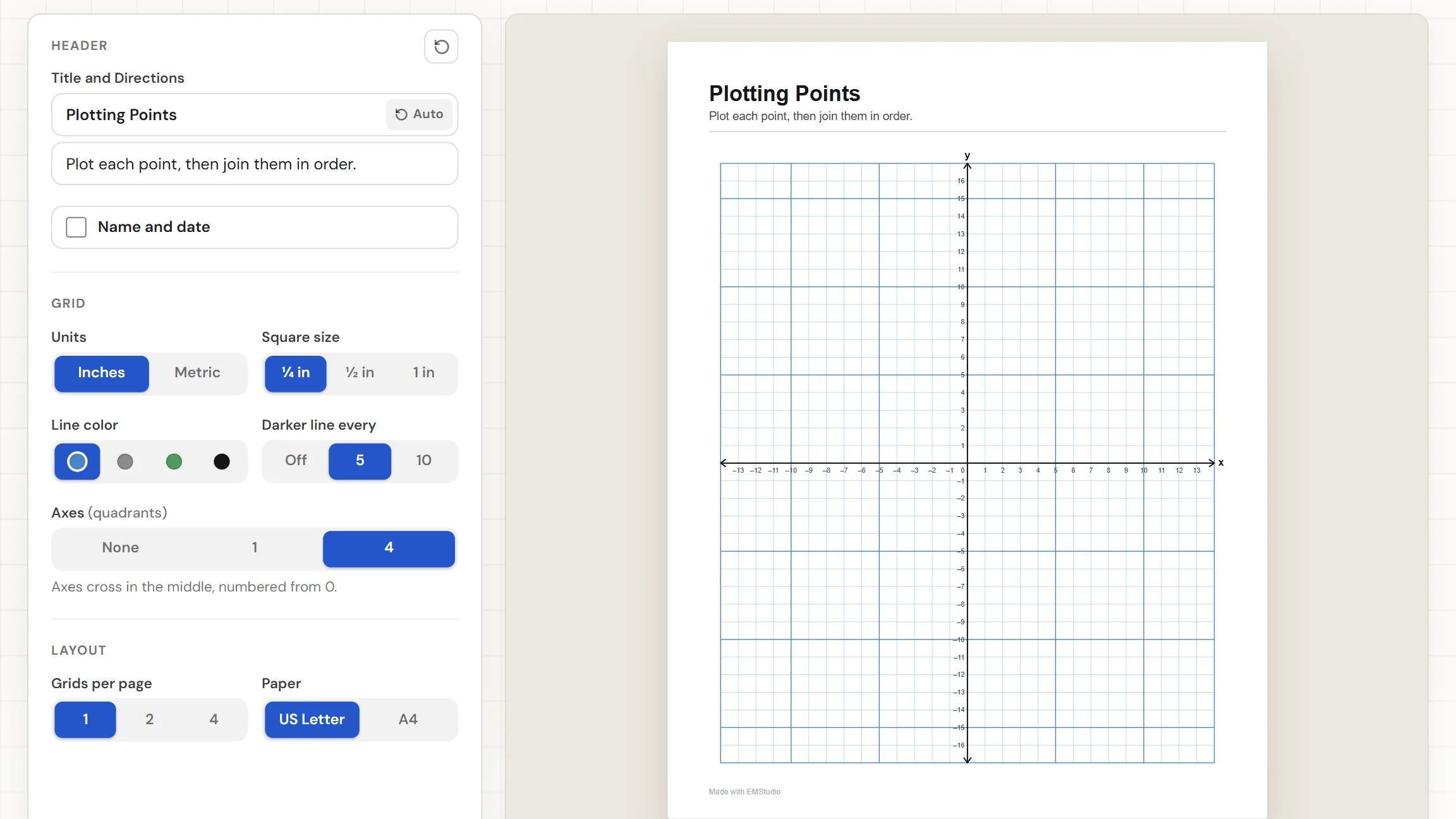 The EMStudio graph paper generator showing a blue grid page with numbered axes, with the square size, line color, and axes settings on the left
