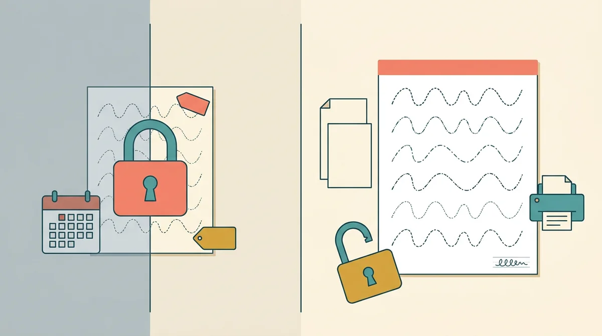 A printed handwriting sheet with dotted letters, an unlocked padlock, and a crossed-out price tag