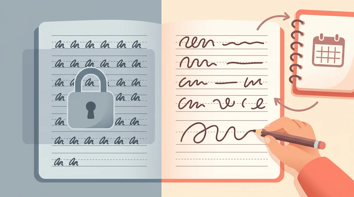 A handwriting sheet with a typed sentence traced in dotted letters above blank ruled practice rows