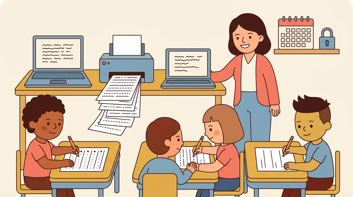 A teacher handing out printed handwriting sheets to a row of students at their desks