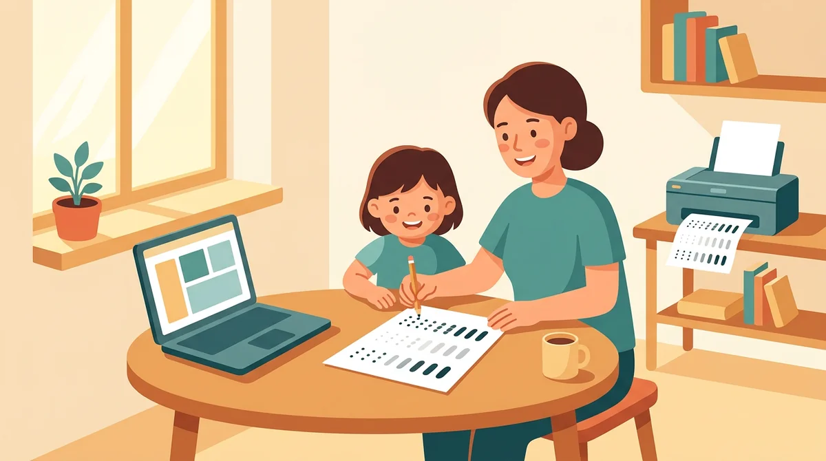 A parent and a child at a kitchen table with a laptop and a printed handwriting sheet being traced with a pencil