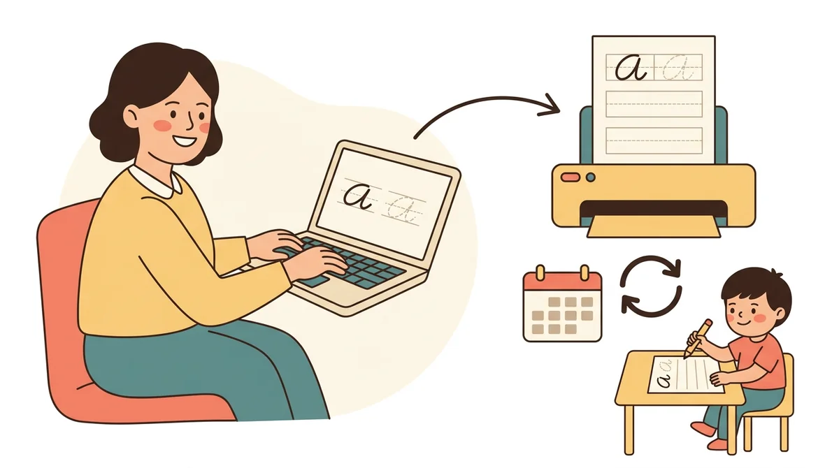 A teacher at a desk typing a row of letters into a laptop while a printed handwriting practice sheet sits beside the keyboard
