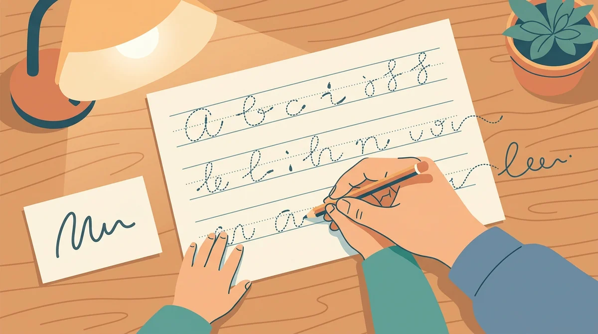 A student at a desk tracing a dotted sentence on a handwriting practice sheet with a pencil