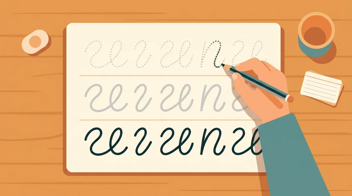 A teacher at a small table showing two students a practice sheet with dotted letters on one row and solid letters on the next