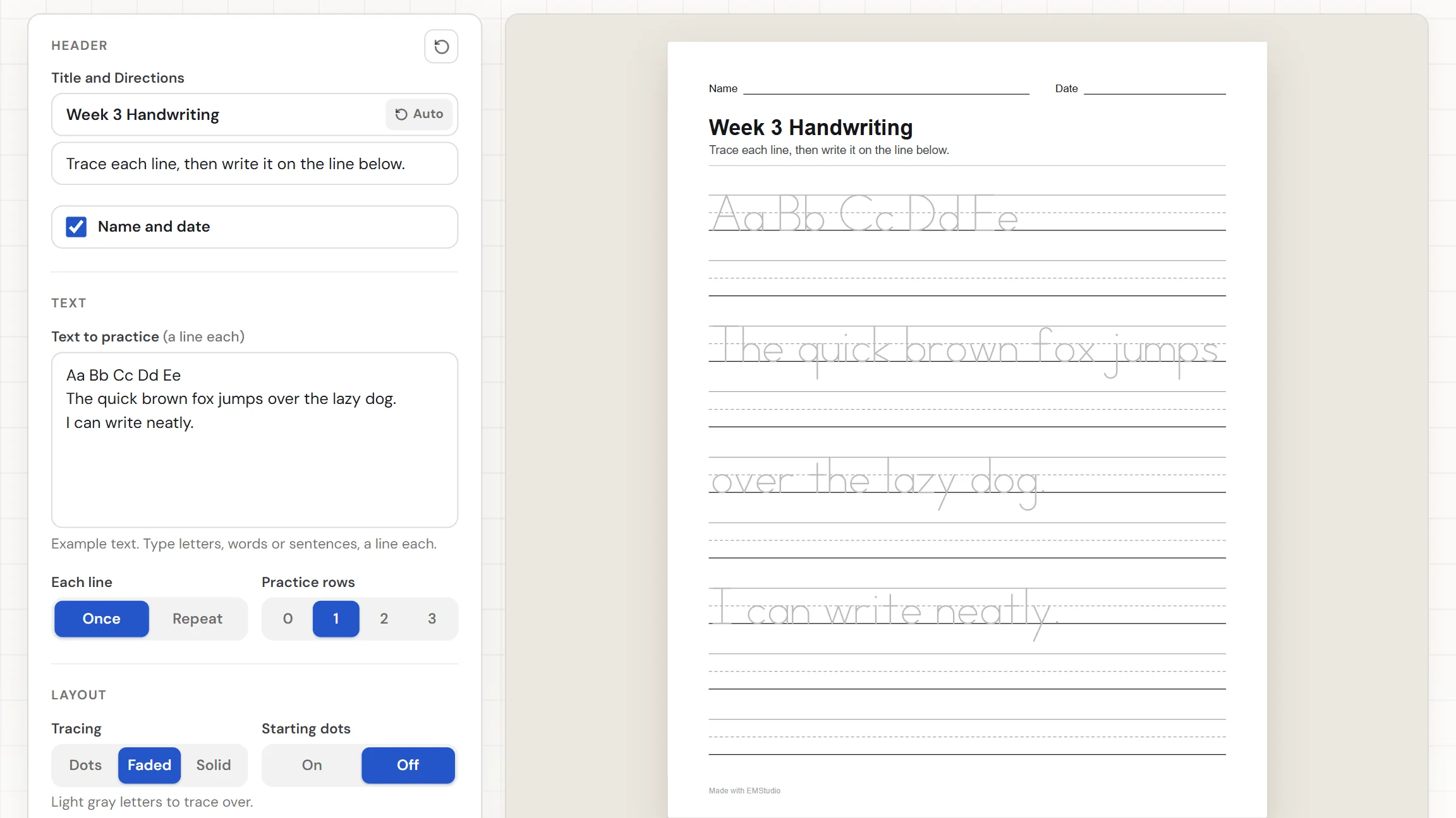 The EMStudio handwriting worksheet generator showing a handwriting practice sheet with the text box and settings on the left and a page of dotted letters to trace on the right