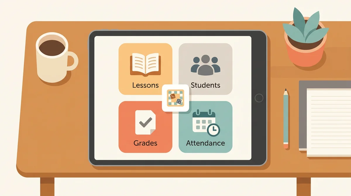 A tablet showing a teacher planner with tiles for lessons, students, grades, and attendance