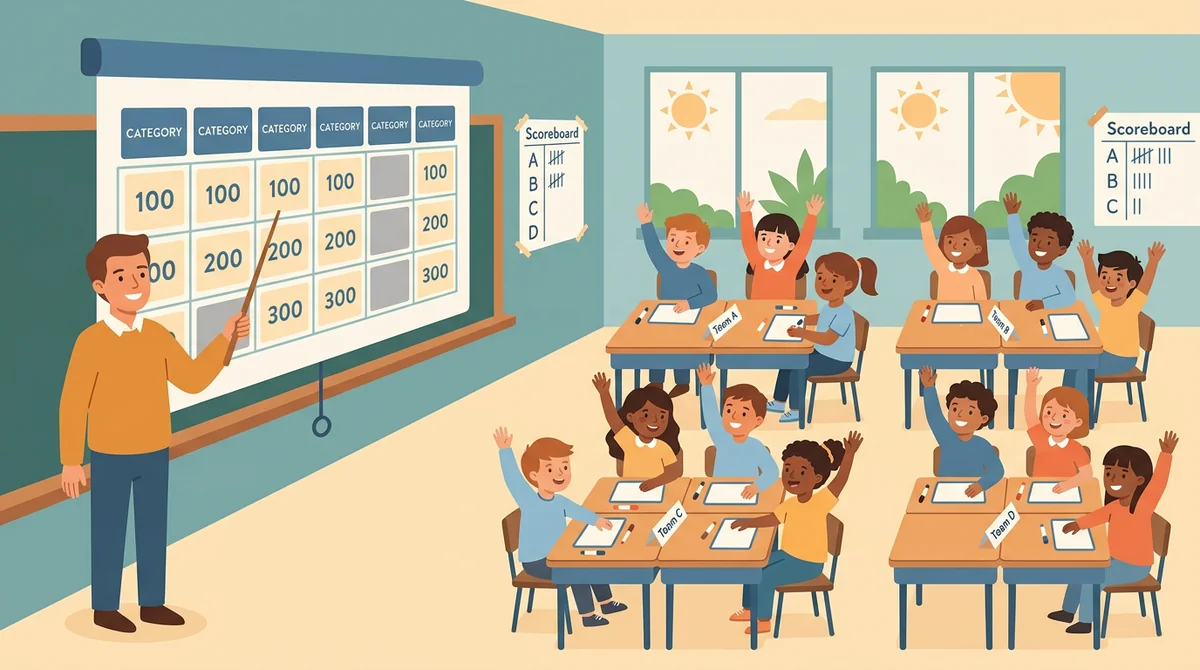 A teacher beside a projected game board points to a category while four student teams sit with their hands up