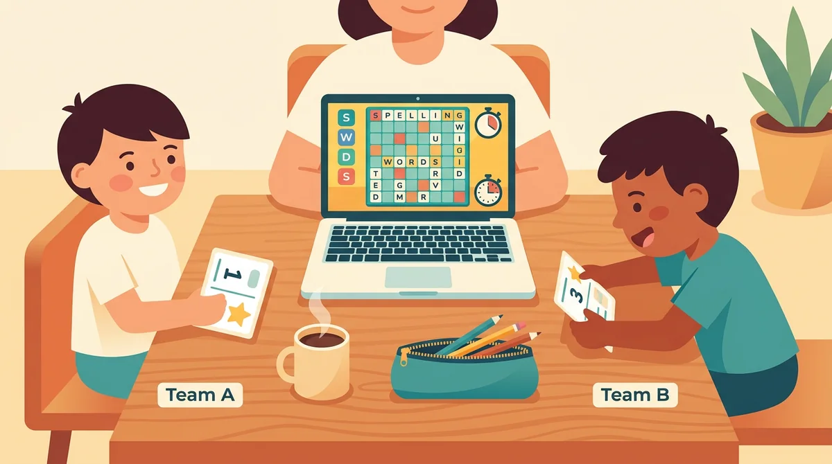 A parent and two children at a kitchen table with a laptop showing a spelling-words game board and two team scores