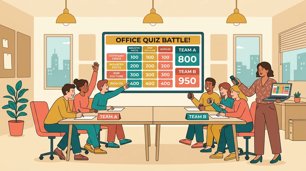 A trainer hosts a quiz board on a meeting-room screen while colleagues in two teams lean in to answer