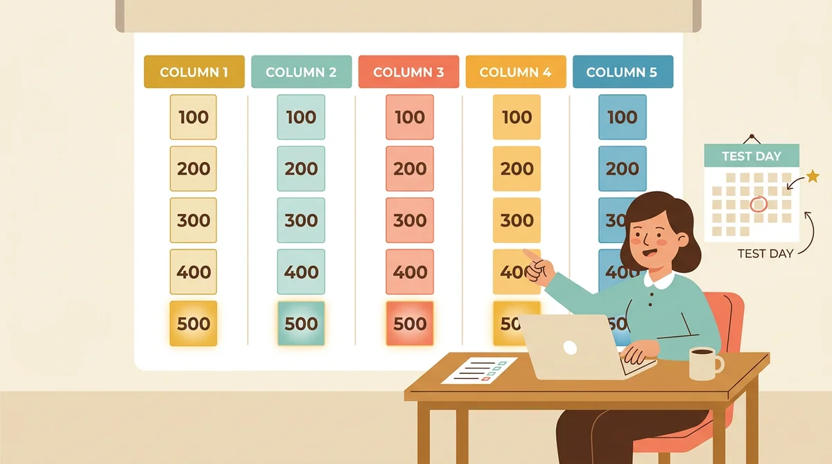 A teacher at a laptop builds a five-category review board while a test date is circled on the wall calendar behind her