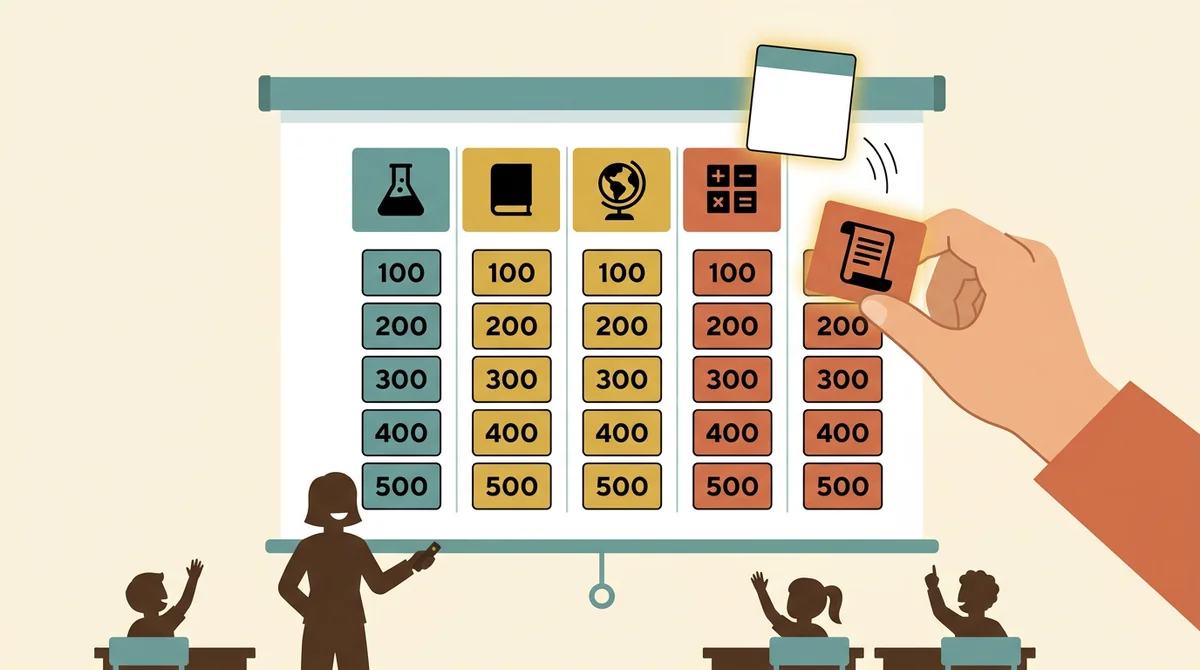 A projected game board of vocabulary categories, with one category card being swapped for a new one