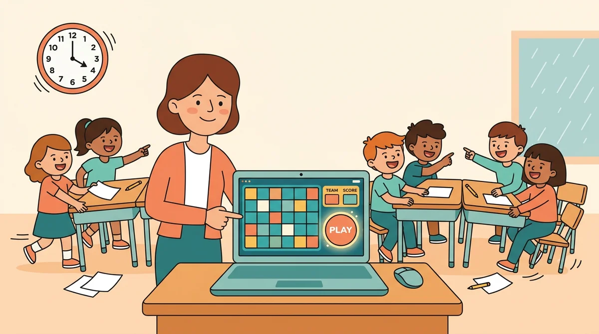 A substitute teacher presses play on a ready-made game board as students split into teams, a clock showing ten minutes to the lesson