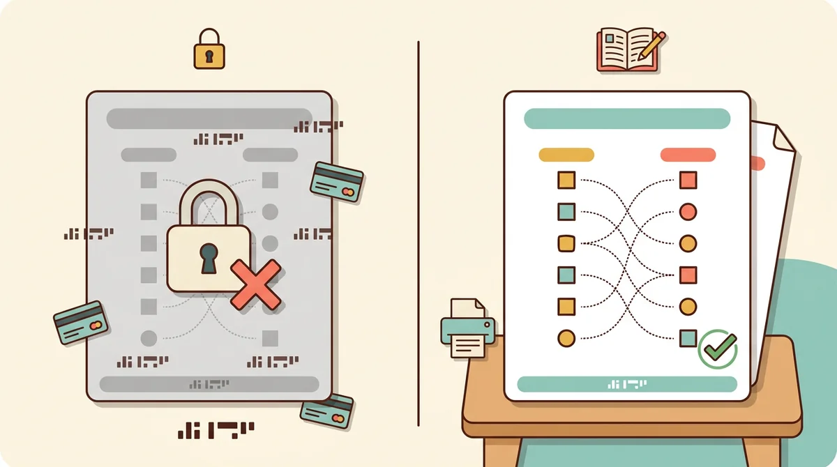 A printed matching sheet with an answer key beside it, an unlocked padlock, and a crossed-out price tag