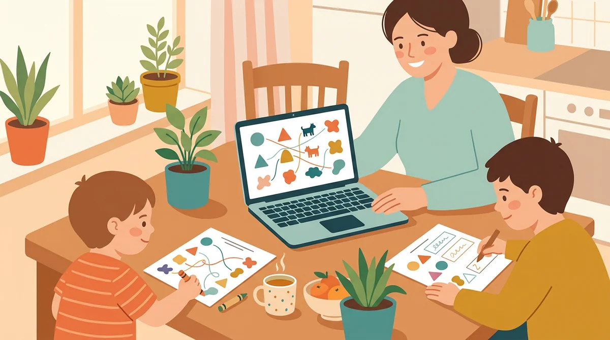 A parent and a child at a kitchen table with a laptop and a printed matching sheet being filled in with a pencil