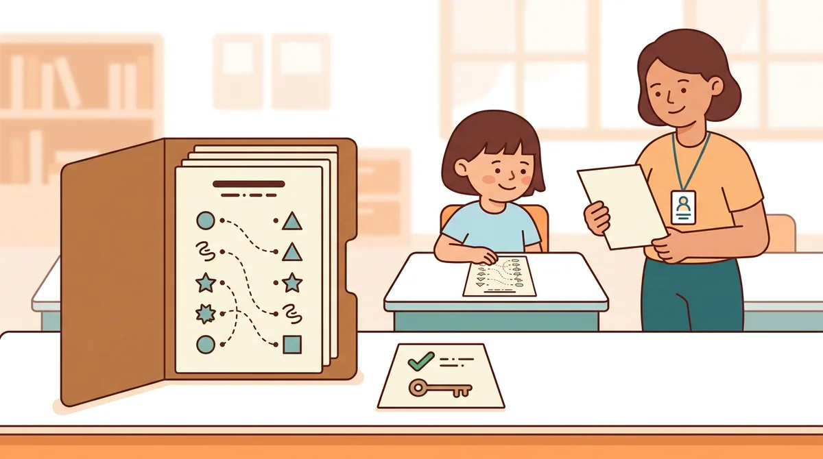 A student at a desk drawing lines between two columns of words on a worksheet while classmates still work on their tests in the background