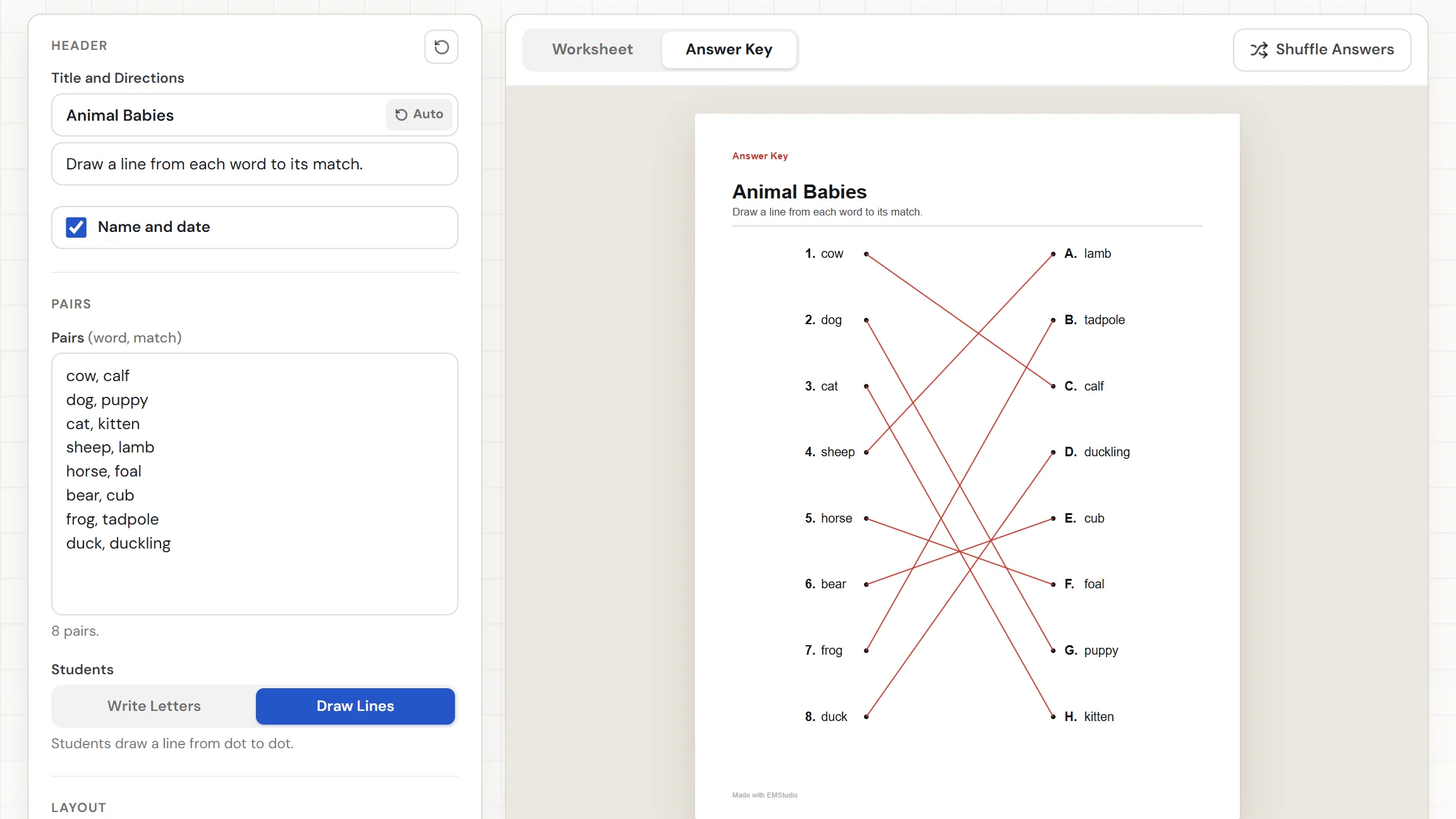The EMStudio matching worksheet generator showing an animal parents and babies sheet with the pairs box and settings on the left and the Worksheet and Answer Key tabs above the page