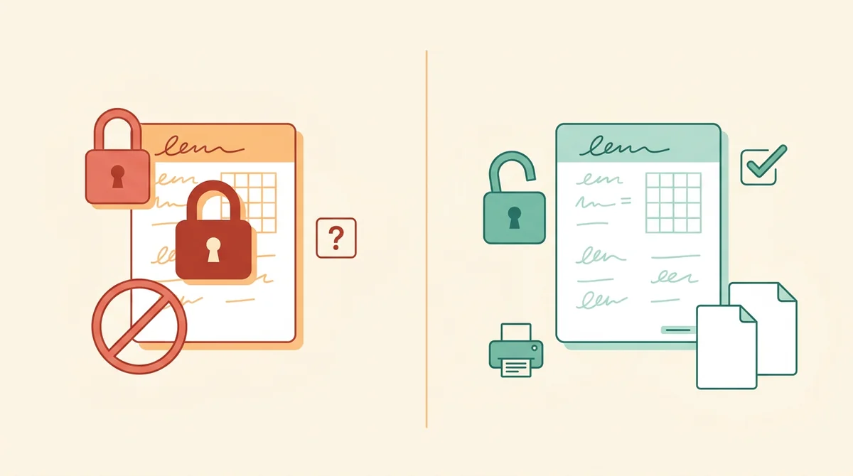 A printed math worksheet with an answer key beside it, an unlocked padlock, and a crossed-out price tag