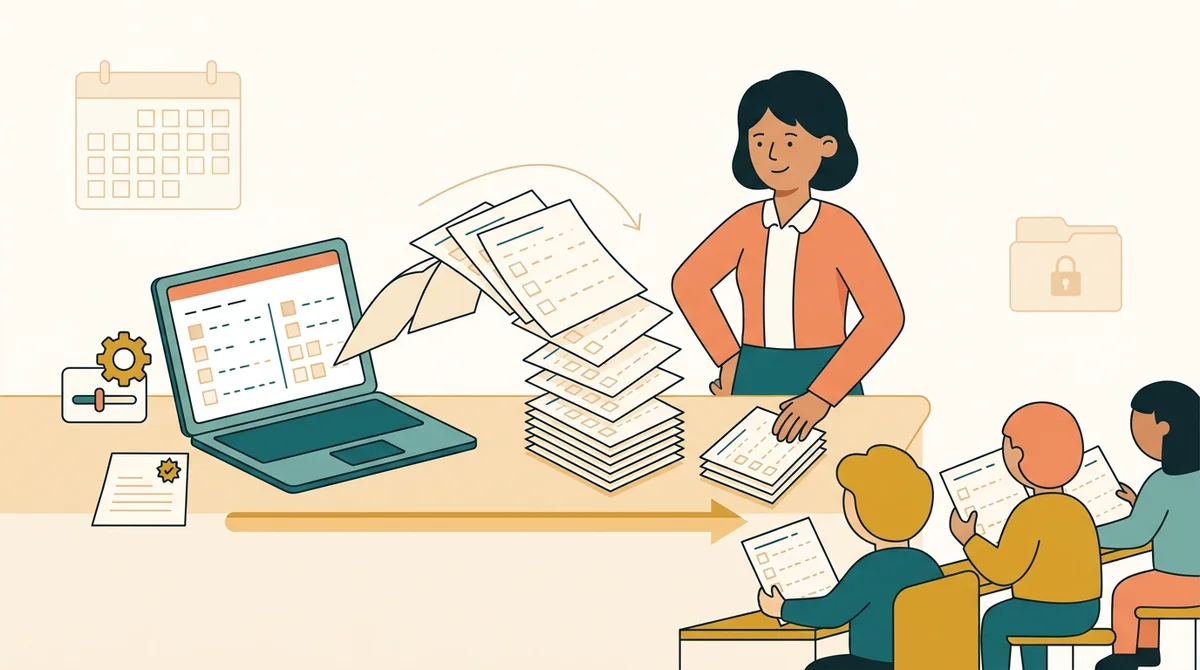 A teacher handing out printed math sheets to a row of students at their desks