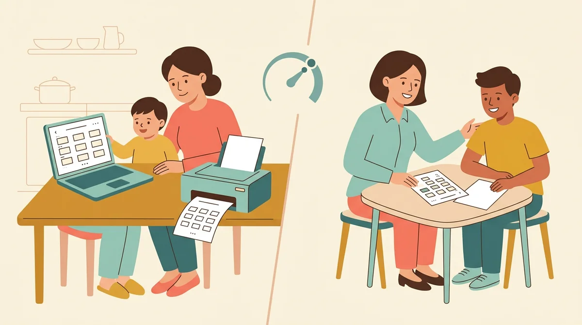 A parent and a child at a kitchen table with a laptop and a printed math sheet being solved with a pencil