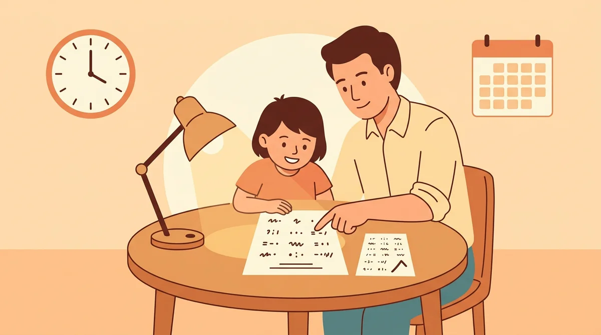 A student at a kitchen table solving a printed sheet of math problems with a pencil