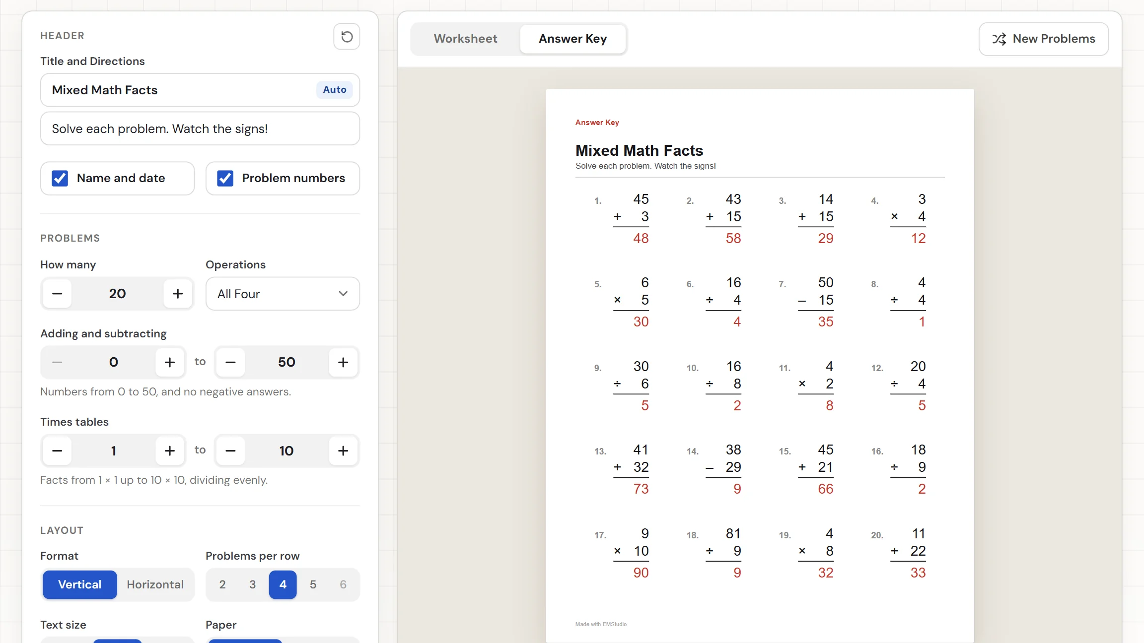 The EMStudio math worksheet generator showing a finished sheet of mixed problems with the operation and number settings on the left and the Worksheet and Answer Key tabs above the paper