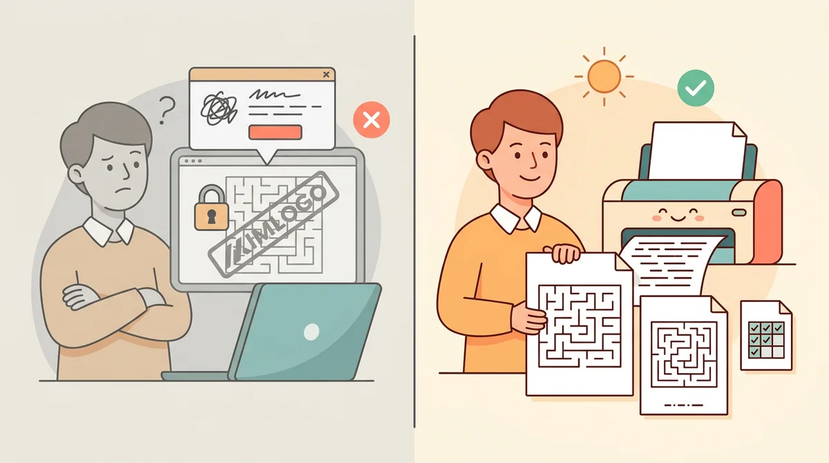 A printed maze with an answer key beside it, an unlocked padlock, and a crossed-out price tag
