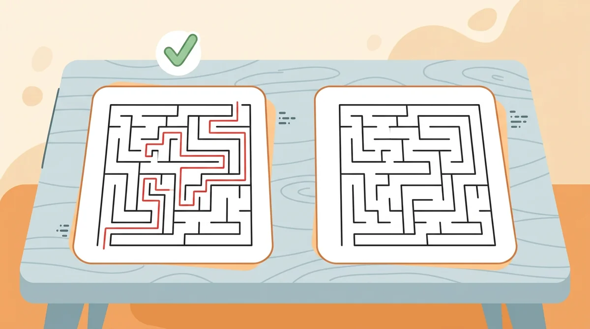 A maze worksheet and its answer key side by side, the key showing a red path from the entrance to the exit