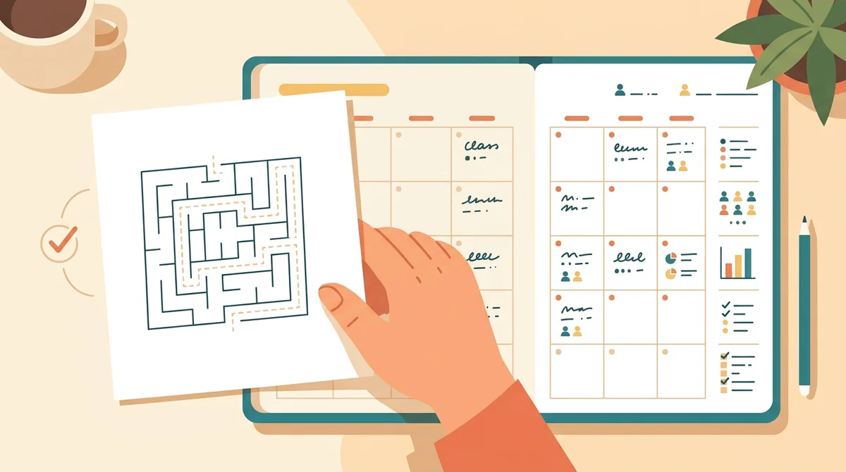 A tablet showing a teacher planner with tiles for lessons, students, grades, and attendance