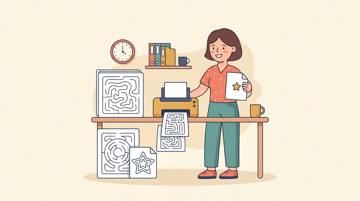 A teacher handing printed maze pages to a row of students at their desks